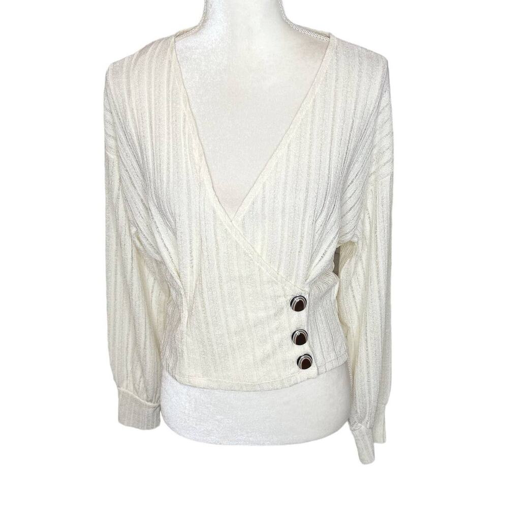 ZARA TRAFALUC Women's Small Knit Faux Wrap V Neck Top Long Sleeve Ivory